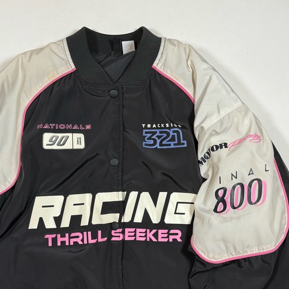 H&M Racing Thrill Seeker Black and Pink Oversized Bomber Jacket sz Small - Picture 4 of 9